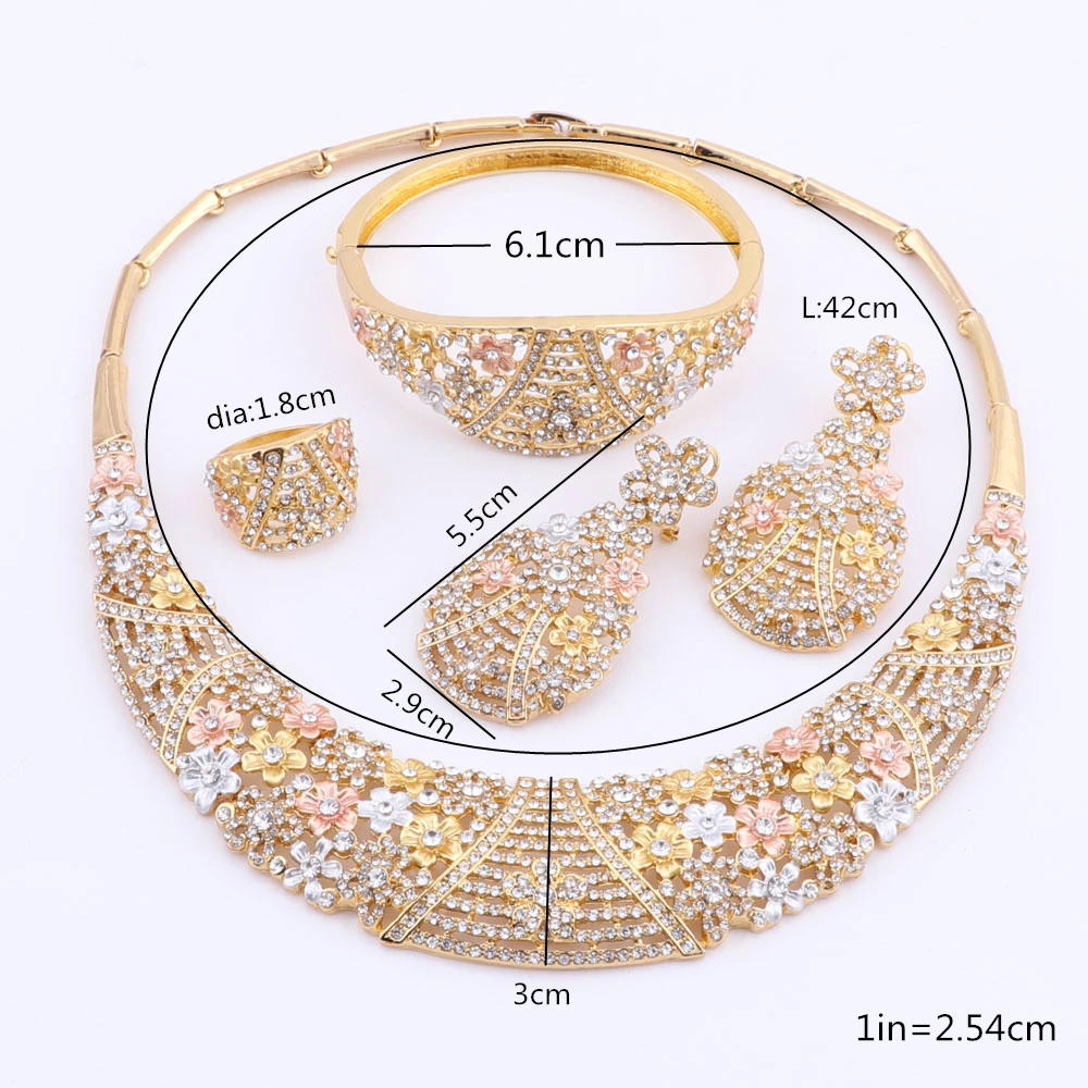 

Exquisite Dubai Gold-colorful Necklace Earrings Set Brand 2021 Nigerian Wedding African Beads Crystal Jewelry Set For Women
