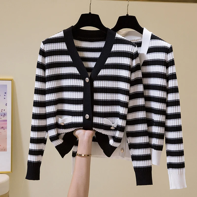 

Long Sleeve Buttons Women's Sweater Patchwork Stripe Fashion Ribbed Slim Sweaters Ladies Knitted Cardigan