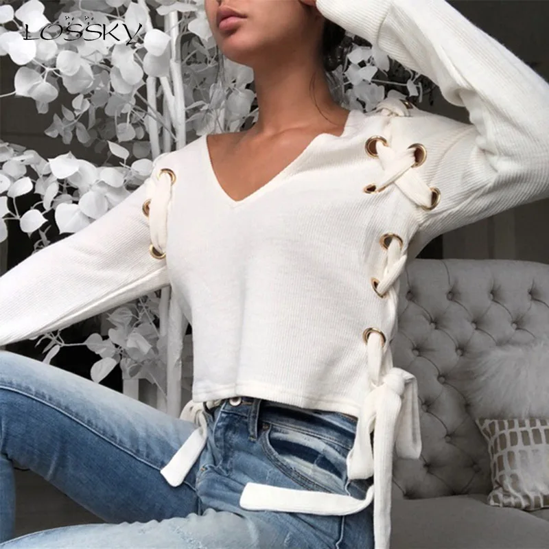 Женская футболка Lossky белая Повседневная с длинным рукавом и треугольным вырезом