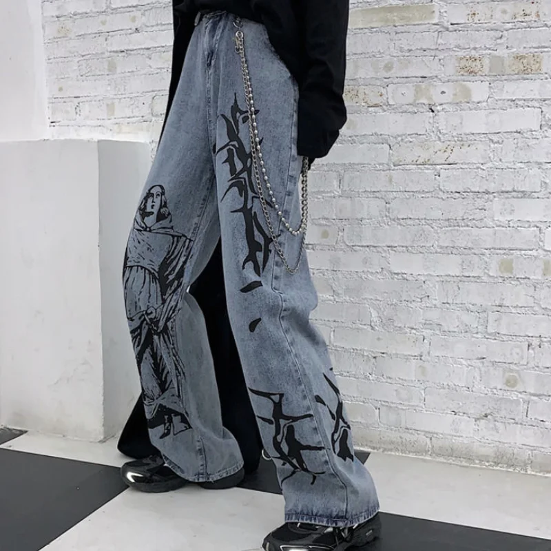 

BRIGHTSHARK 2021 New Summer Fashion Ins Street Hip-hop Printing Wash Jeans Loose Casual Denim Wide Leg Pants Tide Woman ZA4395