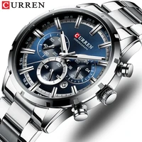 curren top brand military quartz watches silver blue mens stainless steel chronograph wristwatch for male casual sporty clocks