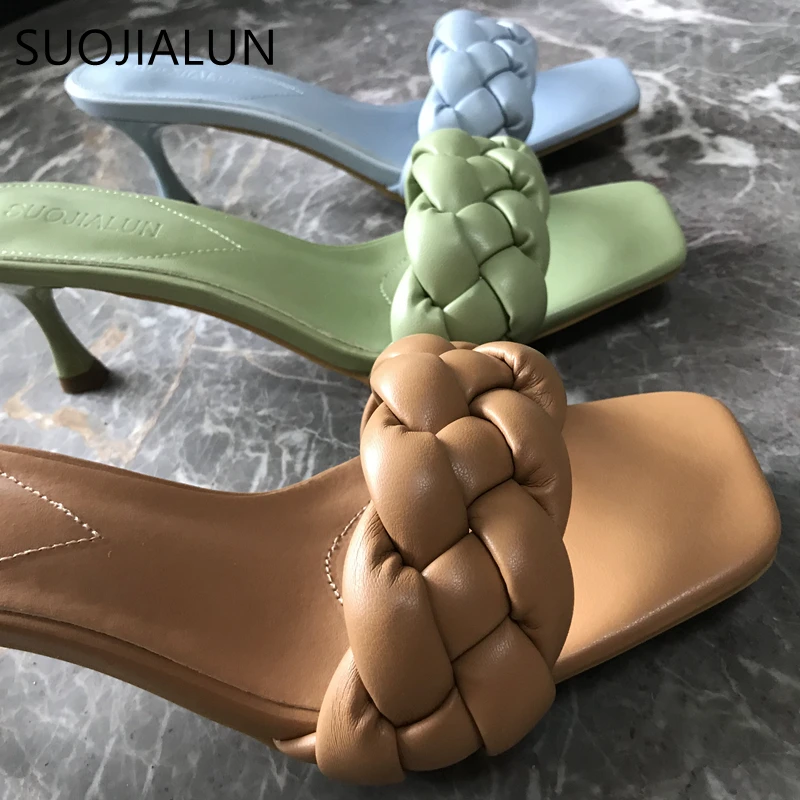 

SUOJIALUN 2020 New Brand Design Weave Women Slipper Ladies Summer hin High Heel Sandal Open Toe Slip On Slides Plus Size 41