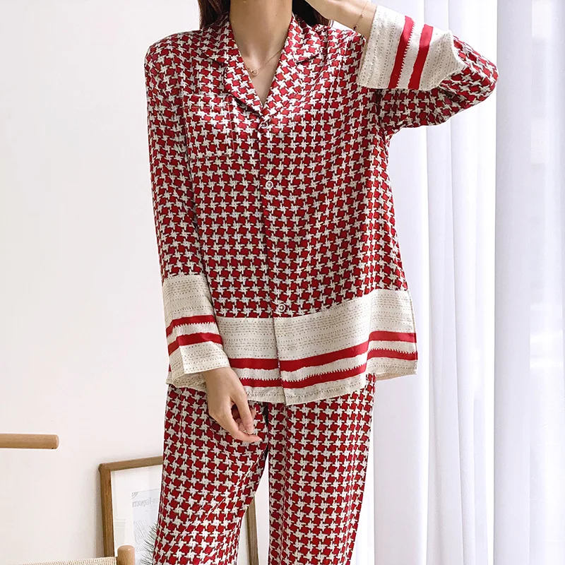 

Couples Nightwear Houndstooth Pajamas Set Satin Sleepwear Women 2PCS Shirt&Pant Loose Soft Sleep Suit Casual Pijamas Homewear