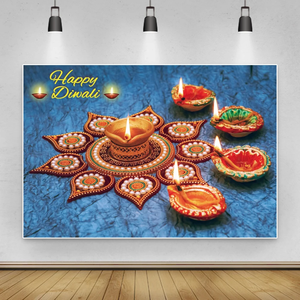 

Laeacco Happy Diwali Light Of Candle Festivals Vintage Flower Pattern Party Religious Pattern Photo Background Photo Backdrops