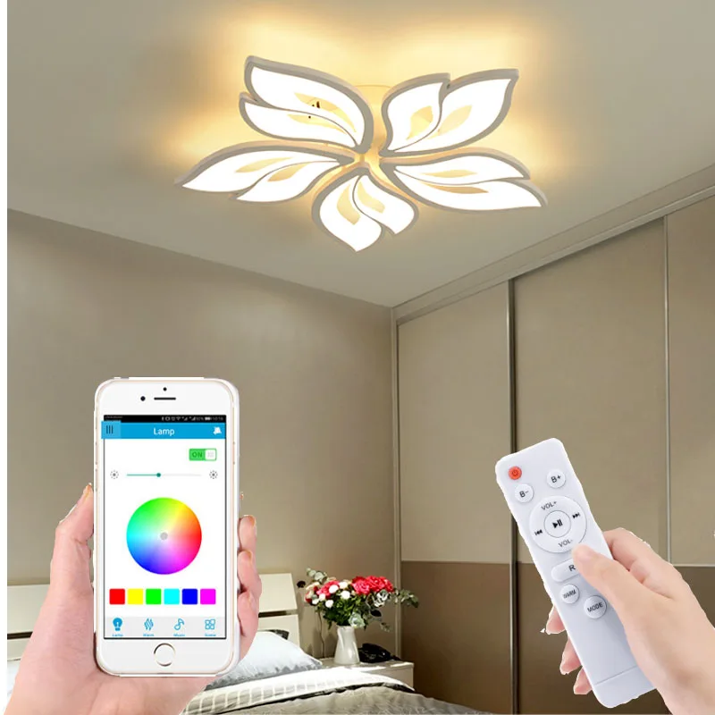 Iluminación directa de fábrica para dormitorio, lámpara LED de techo con control remoto/aplicación inteligente para sala de estar, luces acrílicas de flores blancas para hotel