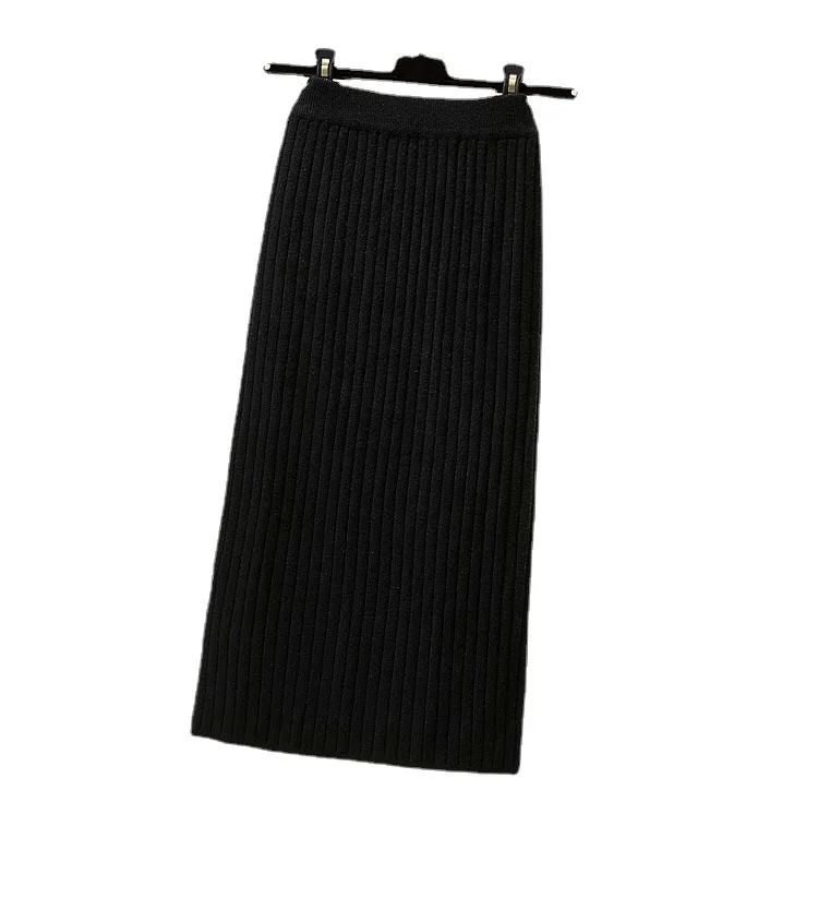 

2022 Autumn And Winter New Women's Korean Version Of High Waist Slim Black Bag Hip One-step Skirt Long Knitted Half Dress