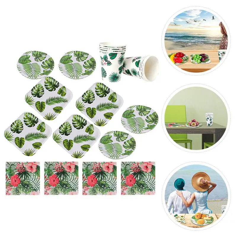 

44 Pcs/Set Hawaii Convenient Cutlery Set Paper Cups Paper Trays Birthday Party Wedding Party Disposable Tableware
