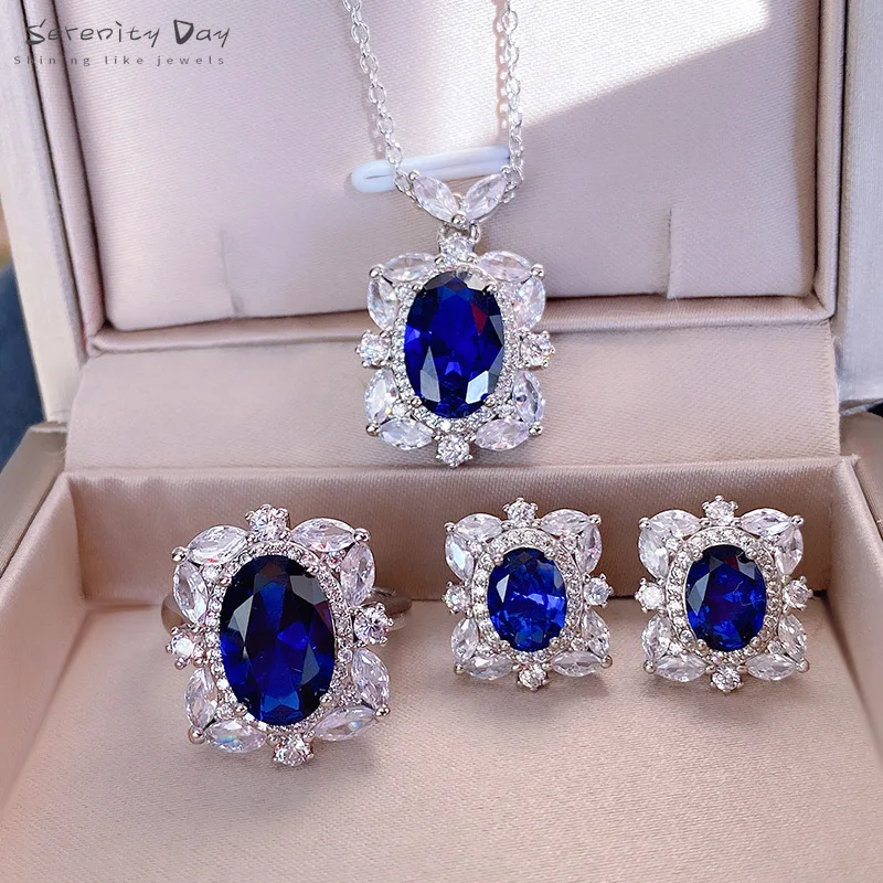 

Serenity Day S925 Silver Jewelry Set Vintage Sapphire High Carbon Diamond Necklace Earrings Ring Shaped Ring Women Jewelry Sets