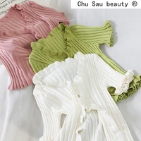 chu sau beauty sweet chic cute knitted shirts women v neck single breasted good elasticity crop cardigan sweaters tops