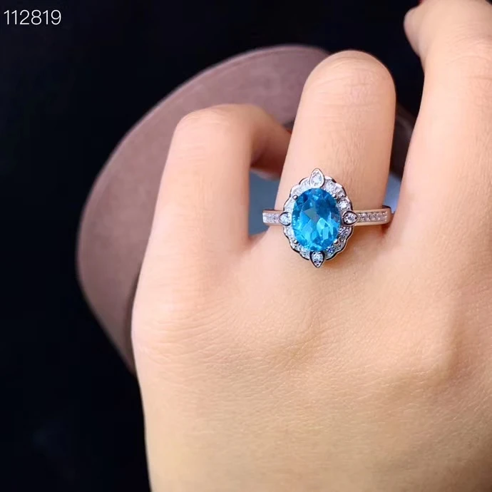 

charming clear sky blue Topaz gem- ring for women 925 sterling silver ring 7X9mm natural gem blue color girl birthday gift
