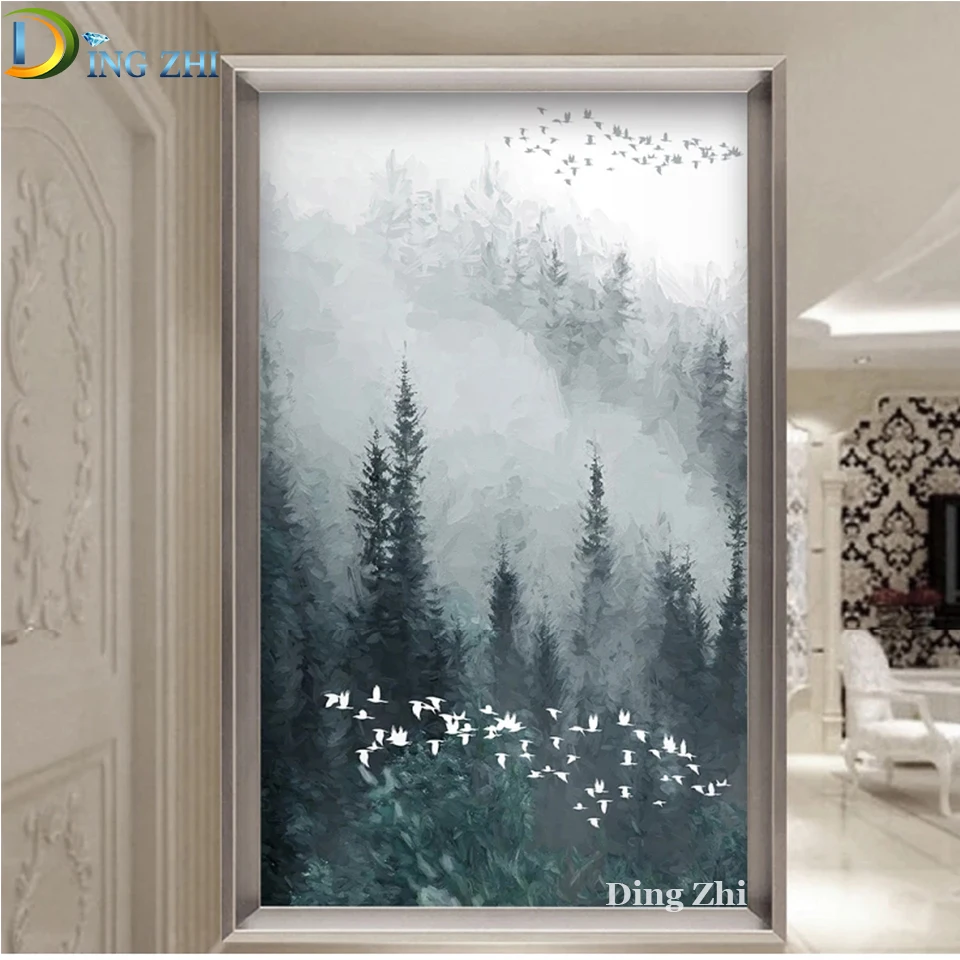 Nordic Decor 5D Diy Diamond Painting Foggy Forest Birds Cross Stitch Embroidery Full Square Round Drill Mosaic Modern Wallpaper