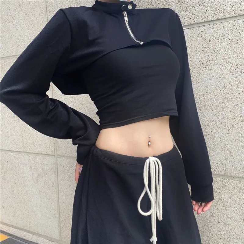 

2021 Spring Winter Fashion Short Hoodie Woman's Irregular Casual Stand Collar Sweatshirt Women's black Long Sleeve Top