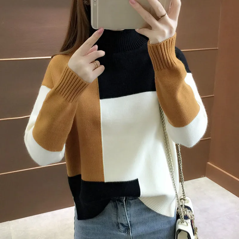 khaki black Woherb осенне-зимний свитер с высоким воротником Женская мода Harajuku Patckwork пуловер свитер с длинными рукавами трикотажные свитера Одежда - Цвет: khaki black