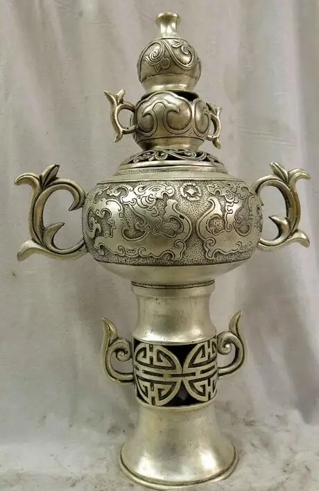 

15" China silver carved Foo Dogs Lion bottle gourd incense burner censer Statue