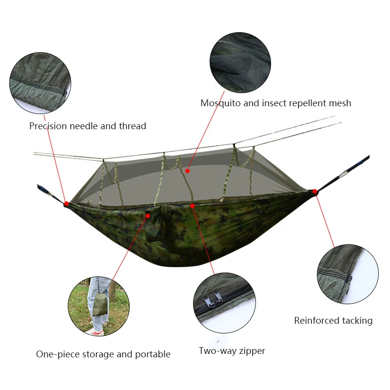 Portable Outdoor Camping Hammock 1-2 People Single Double Mosquito Net Hammock Parachute Fabric Hanging Bed Swing Sleeping Bag