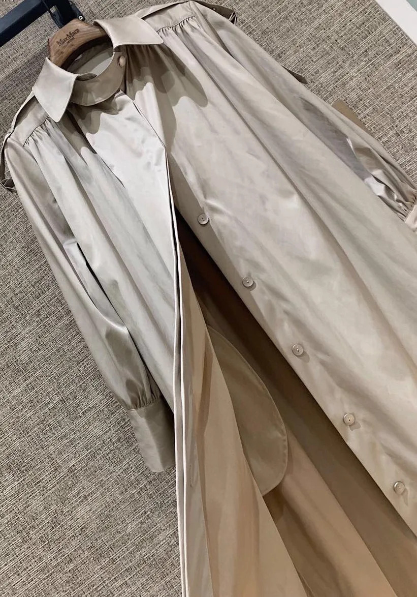 

2020 Autumn Simple Stand Collar Shoulder Fold Design Belt Slim Solid Color Mid-length Windbreaker Jacket