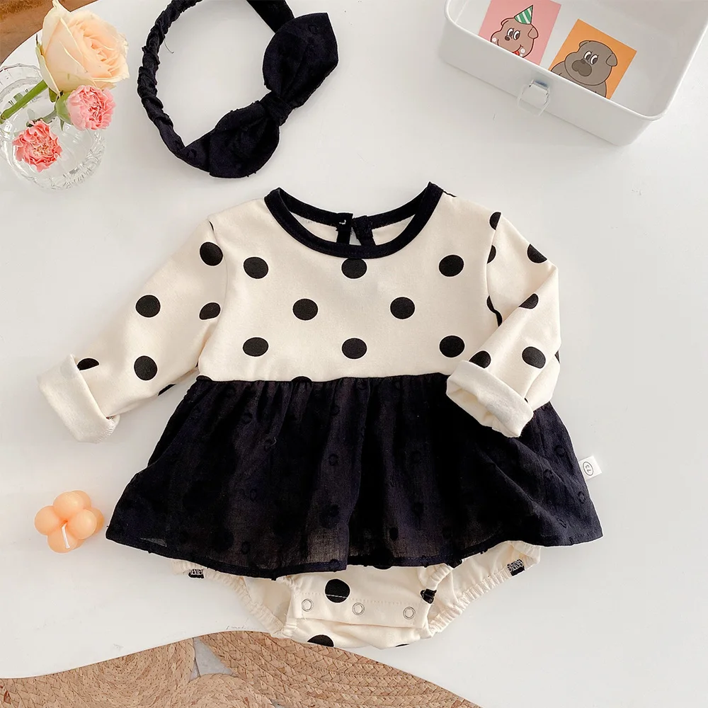 

Baby Girl Christmas Romper Long Sleeve Cotton Dot Spring Autumn Newborn Clothes First Birthday Infant Onesies Whit Headbands