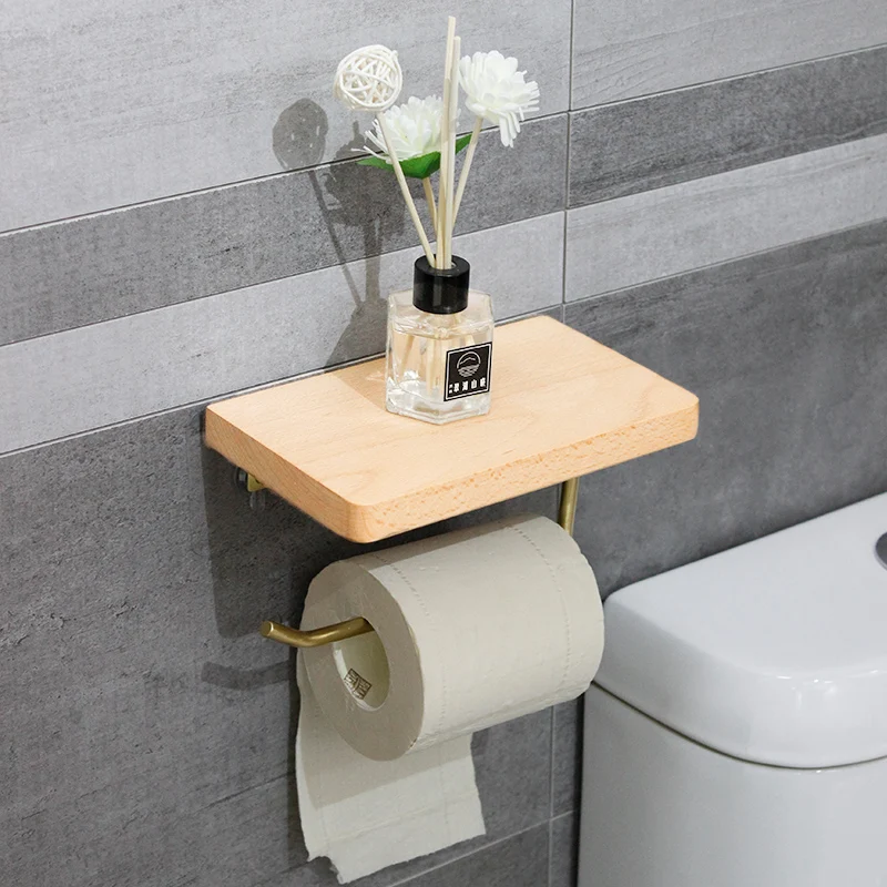 

Wooden Paper Towel Rack Solid Brass Tissue Paper Storage Holder Punch-free Bath Toilet Roll Paper Rack Organizer JU32305