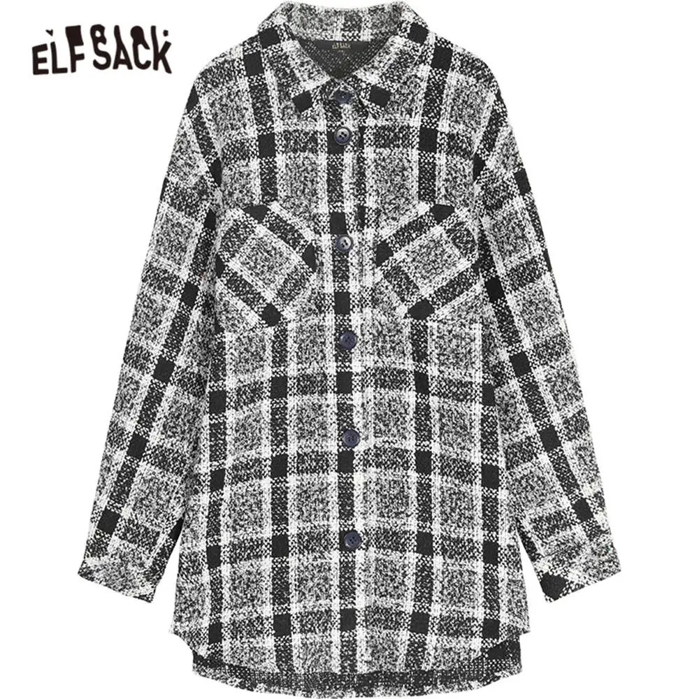 Женская клетчатая куртка ELFSACK черная Повседневная офисная на одной пуговице с
