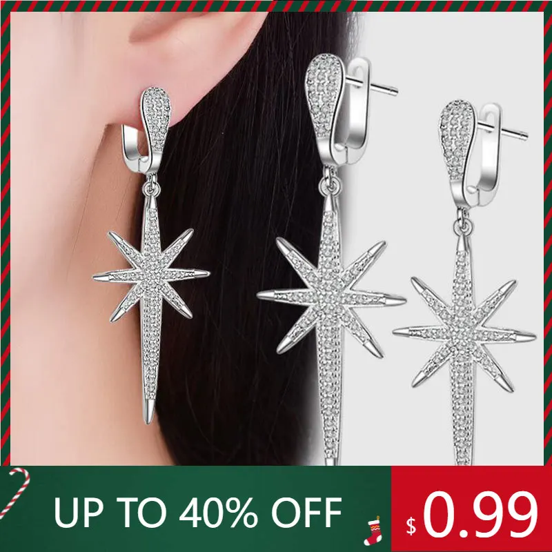 

IHUES 925 Sterling Silver Exaggerated Earrings For Women Dazzling Full CZ Crystal Hexagon Long Tassel Earrings