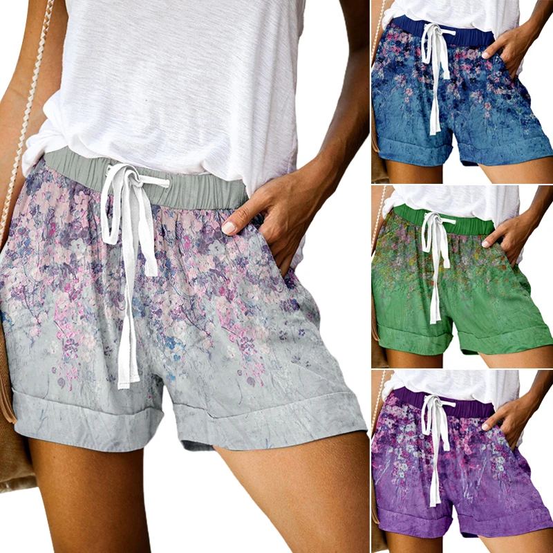 

Women's Floral Printed Shorts High Elasticity Waist Breathable Quick Drying Loose Casual Summer Sports Beach Shorts A66