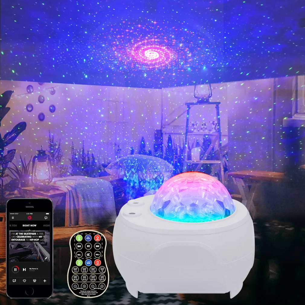 Remote Control Colorful LED Starry Sky Projector Rotating Ocean Wave Night Light Bluetooth Music USB Nebula Starry Sky Light