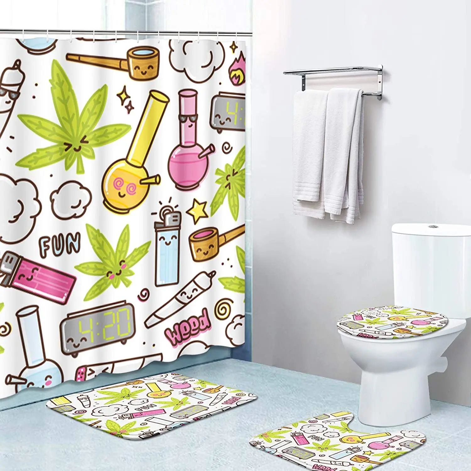

Набор занавесок для душа с белым мультяшным рисунком, ковер, крышка для туалета, коврик для ванной, наволочка, бытовая Штора для ванной