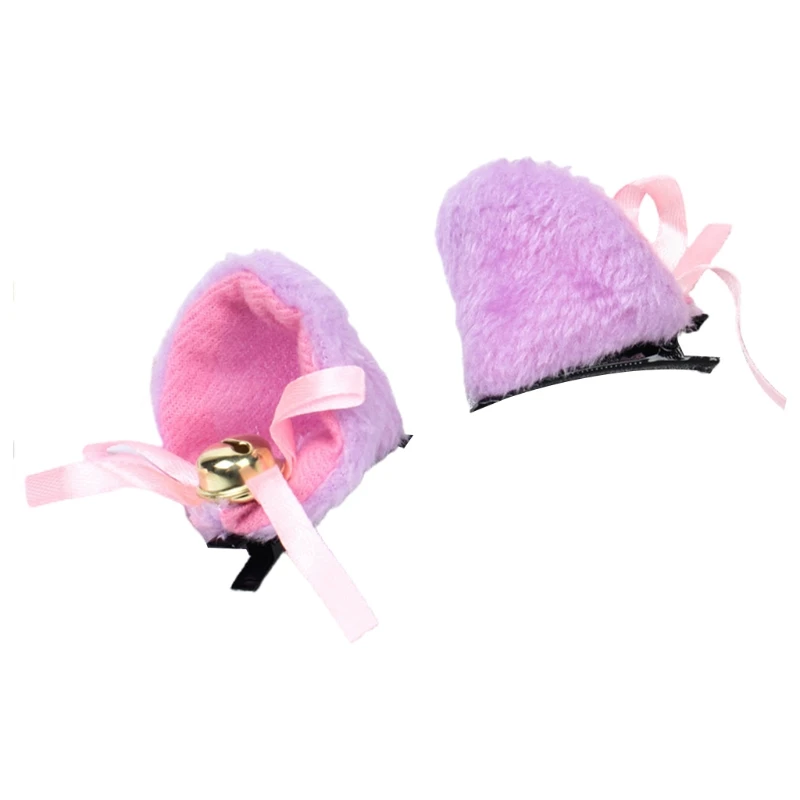 Cat Ears Cosplay Hair Clips with Bell Bowknot Anime Lolita Fluffy Plush Hairpins F3MD