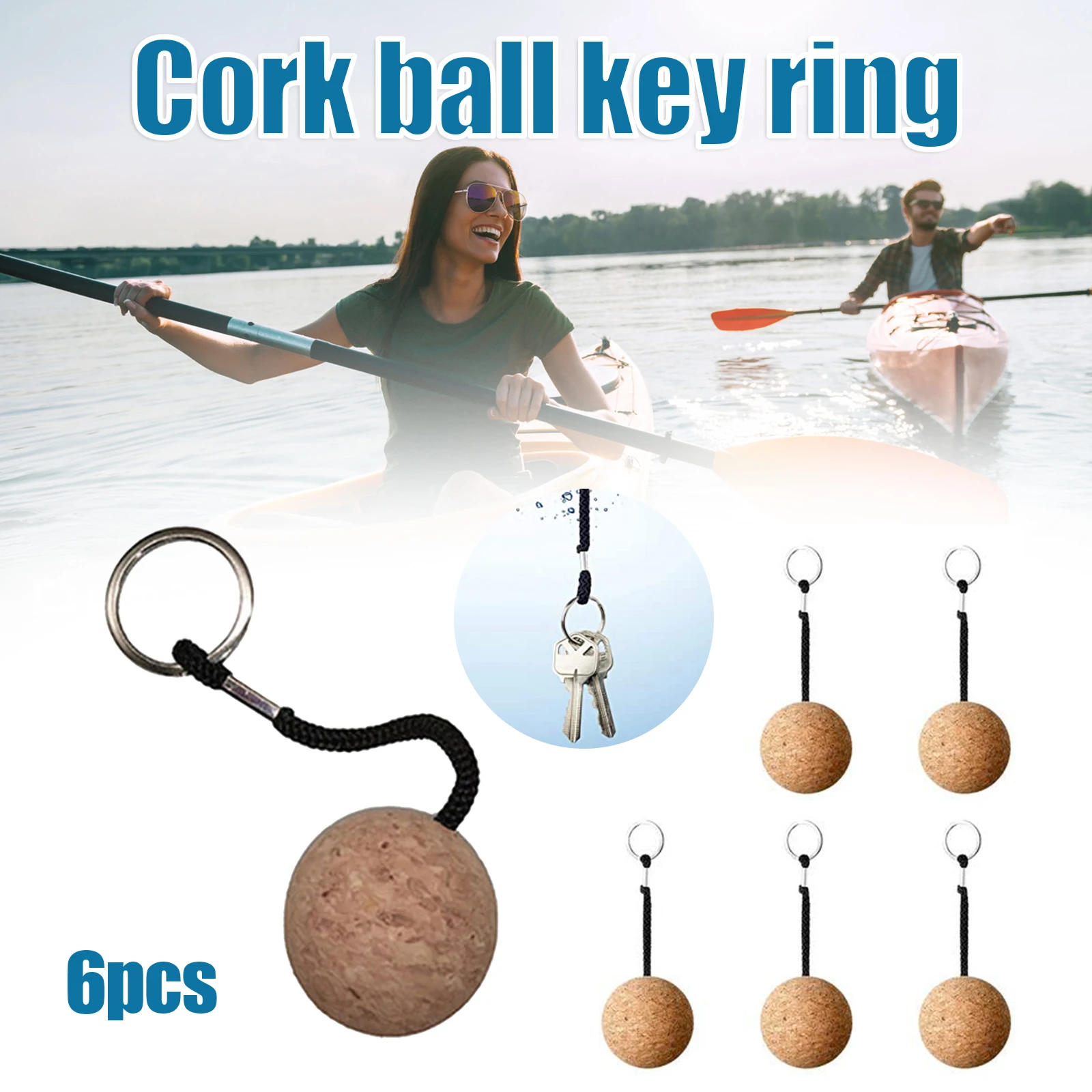 

Hot Sale Creative Keychain Pendant 6 PCS Wooden Ball Floating Cork Keyring Water Sports Accessories for Swimming Diving Fishing