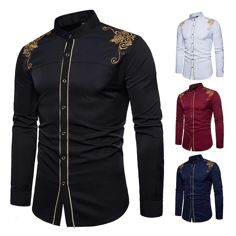 Men Fashion Shirts Palace Embroidery Long Sleeve Muslim Tops Shirt Saudi Arabic Blouse Men Autumn Clothing Islamic Black Casual