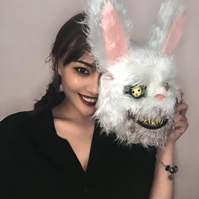 

Net Red Same Horror Ghost Rabbit Halloween Girl's First Choice Mask Bouncing Plush Animal Bloody Scary Rabbit Mask Headgear