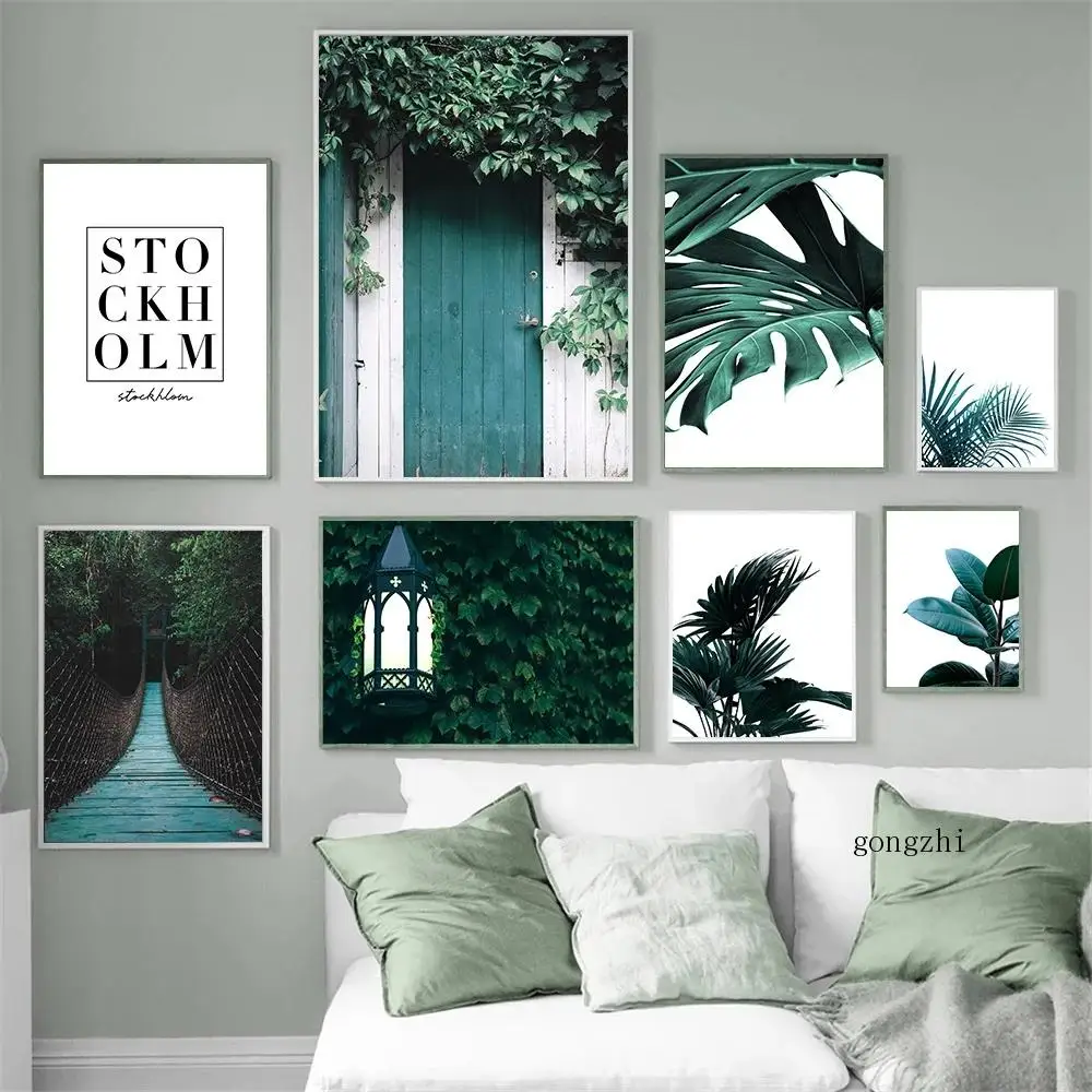 

Настенная живопись с изображением лесного моста, зеленых растений, Листьев, винтажных дверей, скандинавских пейзажей, домашний декор для го...