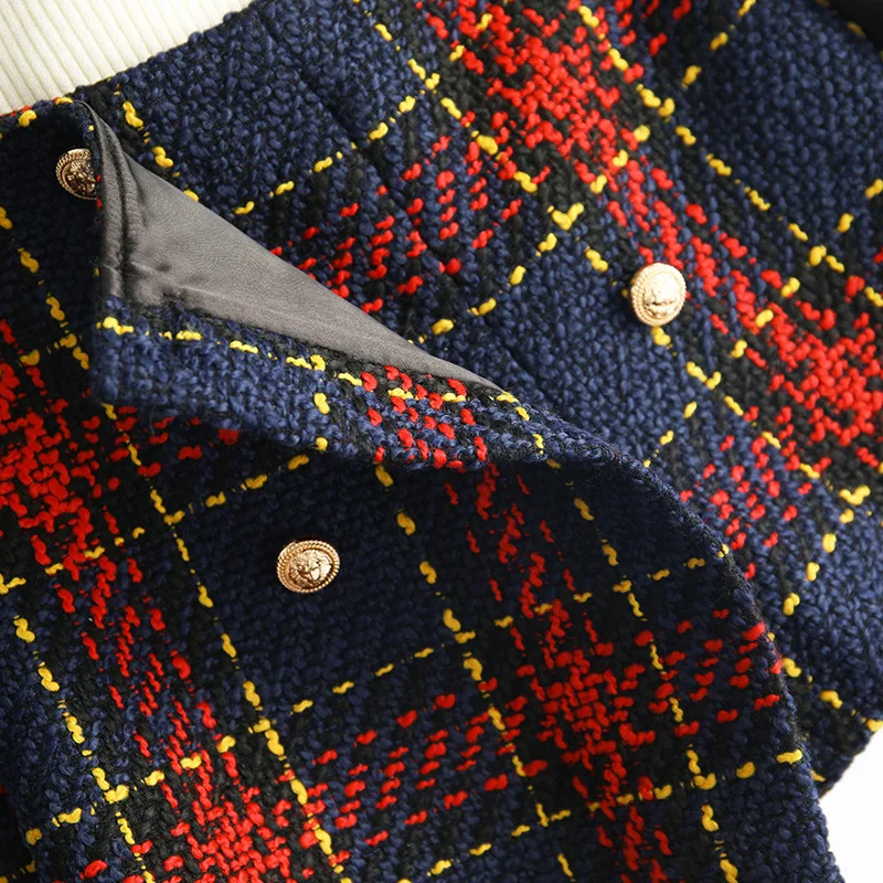 

Elegant Women Plaid Skirt Set Autumn Double Breasted Tweed Woolen Blazer Jacket + Mini Skirt Two Piece Set Suit Spring Matching