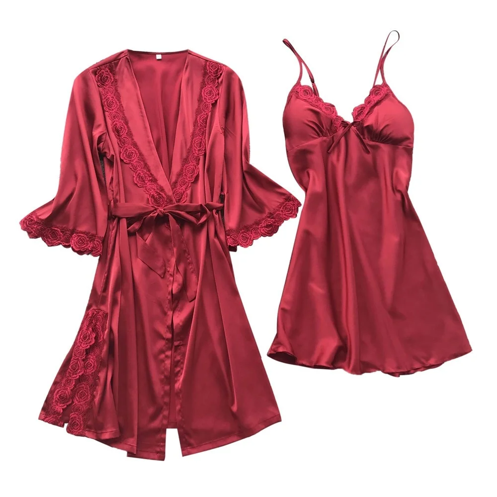 

Hirigin 3pcs Sexy Women Silk Rose Lace Robe Lingerie Underwear Short Sleeve Robe Sleeveless Sleep Dress Nightdress Sleepwear