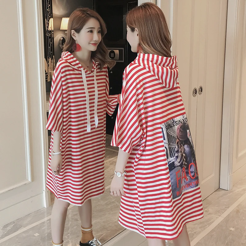 

#4907 Korean Bat Sleeved Printed T Shirt Dress Women Striped Hooded Mini Dress Woman Streetwear Loose Cotton Summer