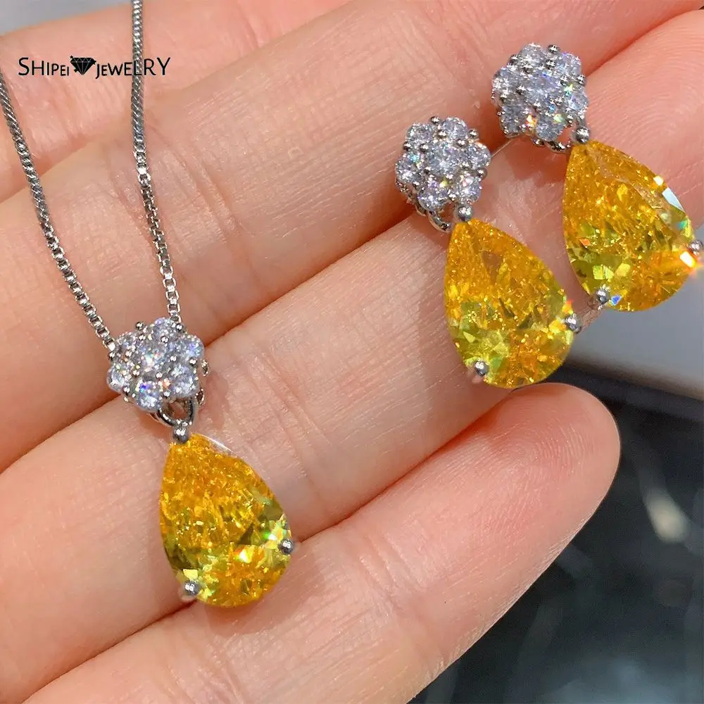 

Shipei 100% 925 Sterling Silver Yellow Created Moissanite Gemstone Earrings/Pendant/Necklace Wedding Engagement Jewelry Sets