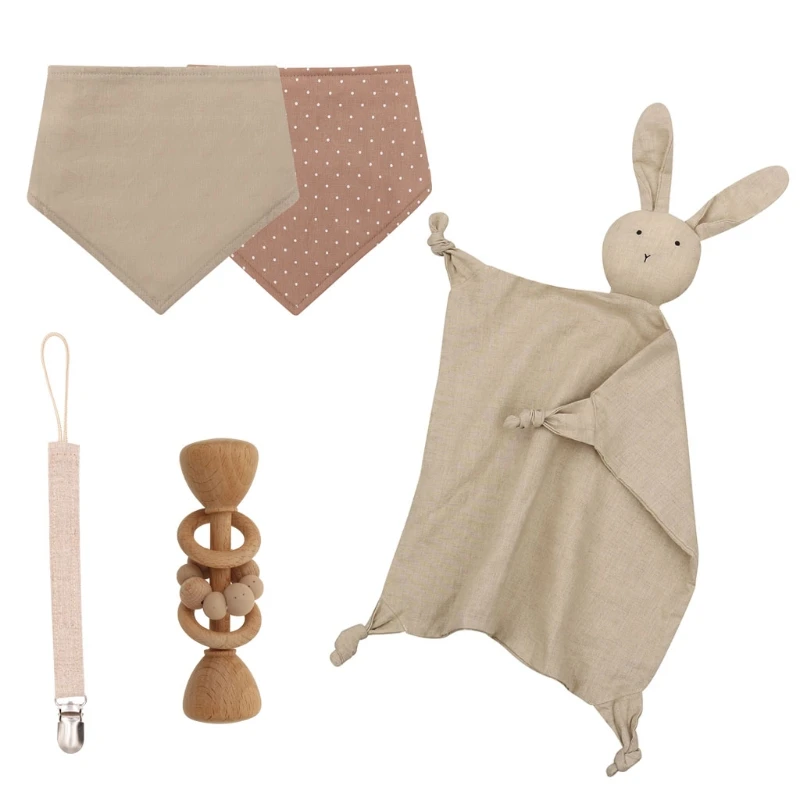 

1Set Newborn Shower Gift Baby Rattle Toy Soft Bibs Cute Bunny Sleeping Doll Pacifier Clips Chain Dummy Clip