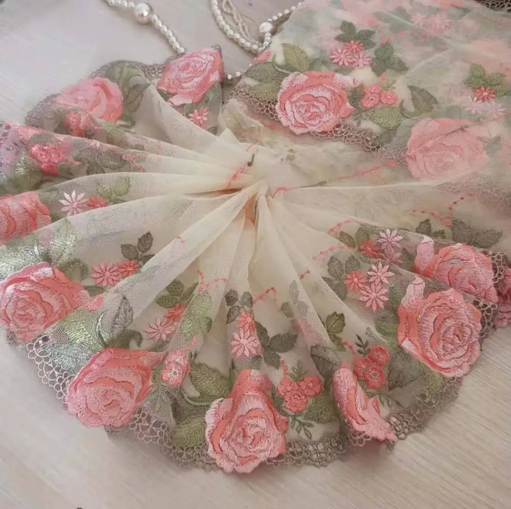 2 ярда кружевная отделка Цветочная вышивка розовое Тюлевое кружево 7 дюймов в