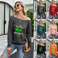 newest womens round neck long sleeved solid color cotton and linen casual loose fashion t shirt with christmas hat pattern