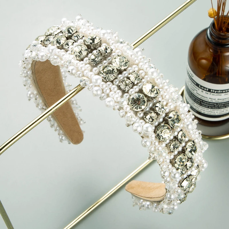 

Barlow Bling Rhinestone Headband Hand-sewn Pearl Soft Wide Bezel Hair Band Bando Hair Female Luxury Dinner Hair Accessories 2021