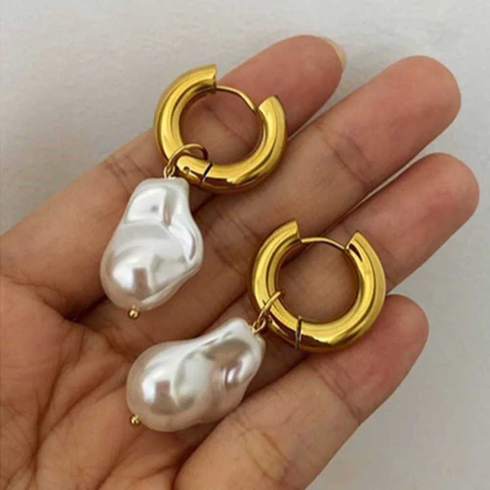 Женские серьги-кольца с жемчугом из нержавеющей стали | Украшения и аксессуары