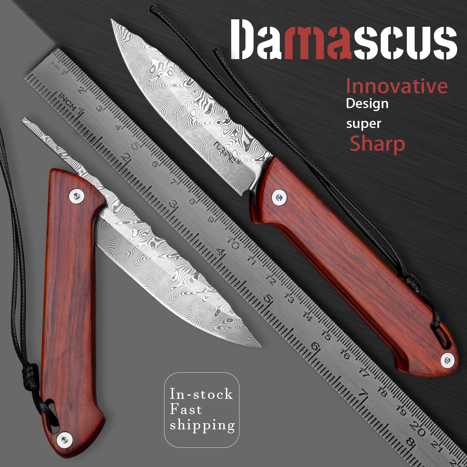 

FL Series Folding Pocket Knife Damascus D2 Blade Rosewood G10 Handle with Kydex Scabbard for Survival Outdoors Tactical Hiking