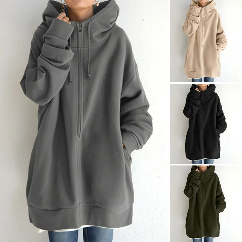 

Elegant Long Hooded Sweatshirts Women Solid Hoodies 2021Autumn Winter Casual Long Sleeve Zipper Coat Female Outwear Jackets Tops