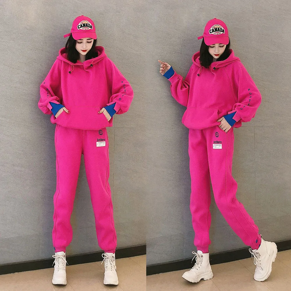 

Autumn Winter Loose Pink 2 Two Piece Sets Tracksuit Womens Outfits 2021 Sweat Suits Matching Sets Laides Hoodie Pants Sets Suits