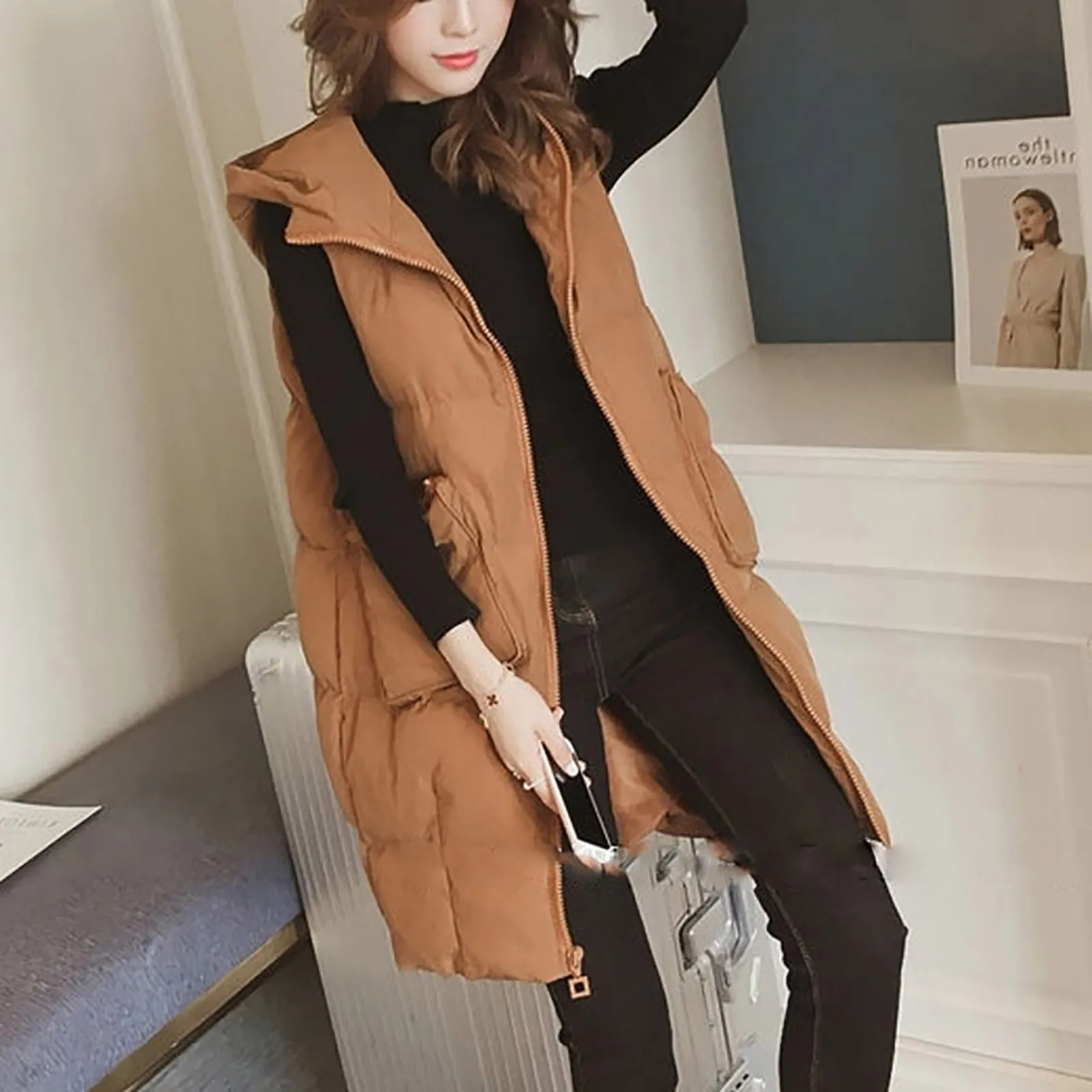 

Осенне-зимняя женская модная однотонная ветрозащитная длинная безрукавка на молнии с капюшоном и хлопковой подкладкой # g3