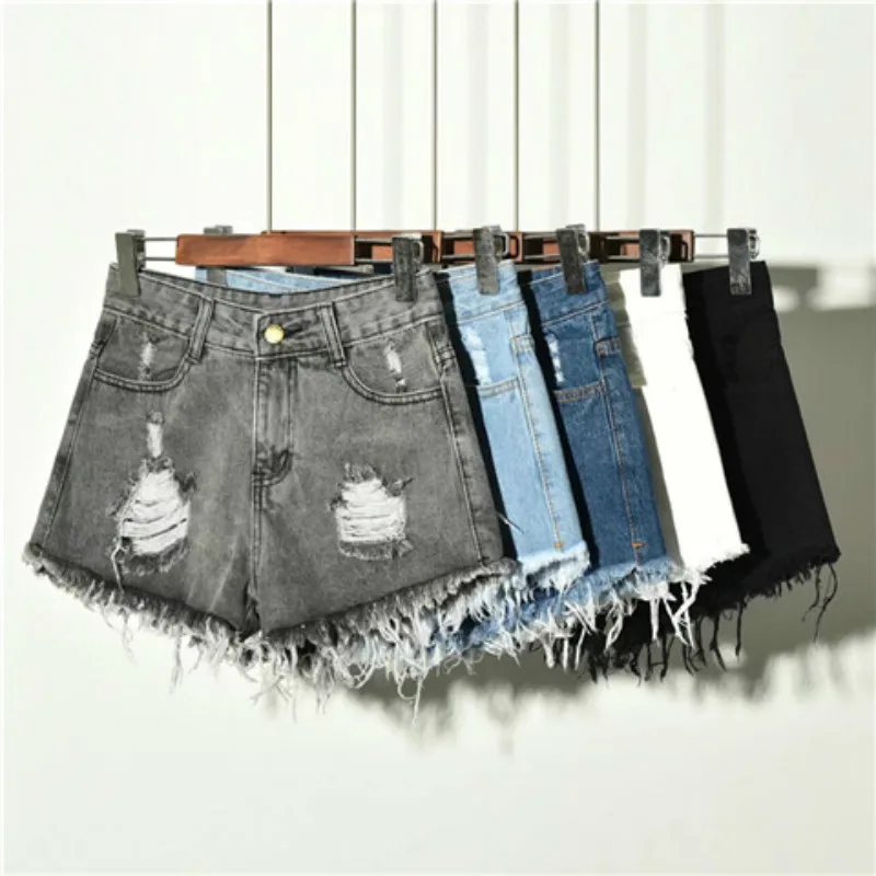 

Summer Tassel High Waist Ripped Denim Shorts Women's Raw Edge Wide-Legged Wild Loose Casual Hole White A-line Hot Pants Female