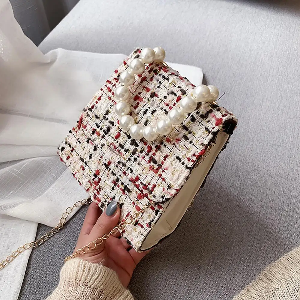 Ретро клетчатая жемчужная сумка через плечо для женщин модная шерстяная
