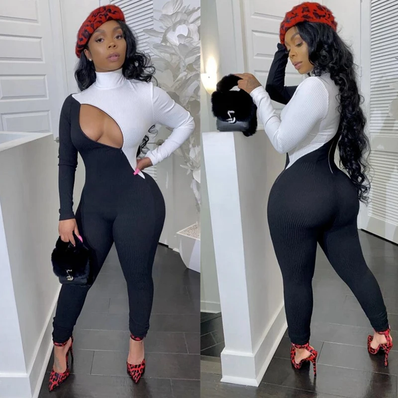 Цветной лоскутный сексуальный обтягивающий комбинезон для женщин с длинным