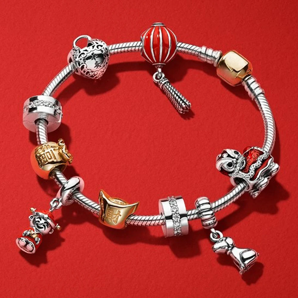 

2020 100% 925 Sterling Silver Lion Dance Money Bag Gold Charm Fortune and Luck LANTERN Pendant Spring Festival Bracelet Set