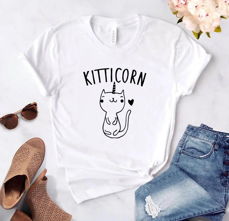 KITTICORN, котенок, единорог, кошка, принт, женская футболка, повседневная, хлопок, хипстер, забавная футболка для девочек, топ, футболка, 6 цветов, Прямая поставка, BA-53 - Цвет: Белый